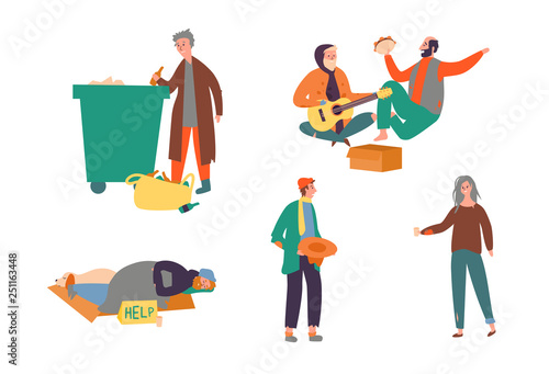 Set Homeless Poor Man Woman Begging Money Street. Beggar People Composition with Trash Elderly Person Woman at Street Men Working for Food Isolated Flat Cartoon Vector Illustration