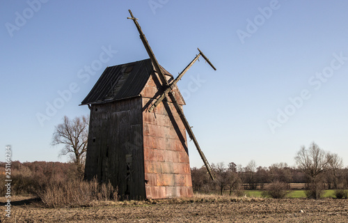 Kawnice  Poland. Old ruined windmill on the field.