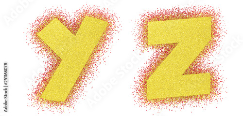 Gold glitter alphabet font. Bold letteres comics. Yellow font 3d render. Path save. Letters Y, Z
