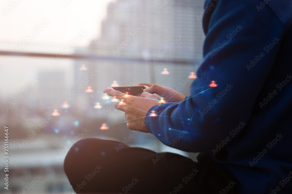 touch smartphone screen in coffee shop with social network business concept with people icon connect touch smartphone screen in coffee shop with social network business concept with people icon connect