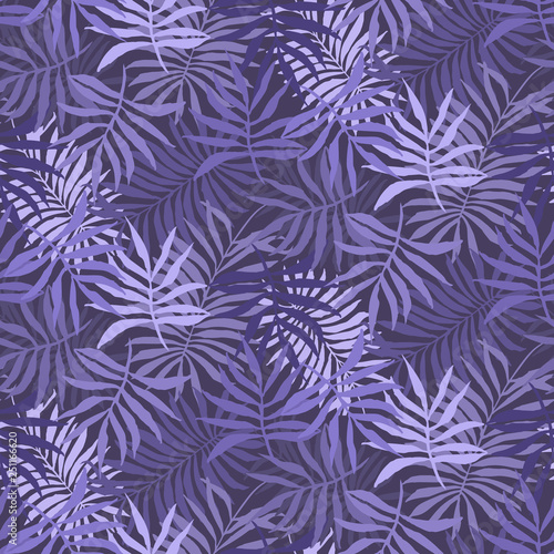 Deep violet seamless pattern with overlap mess of light and dark fern tropical leaves. Trendy purple exotic plants texture for textile, wrapping paper, surface, wallpaper, background