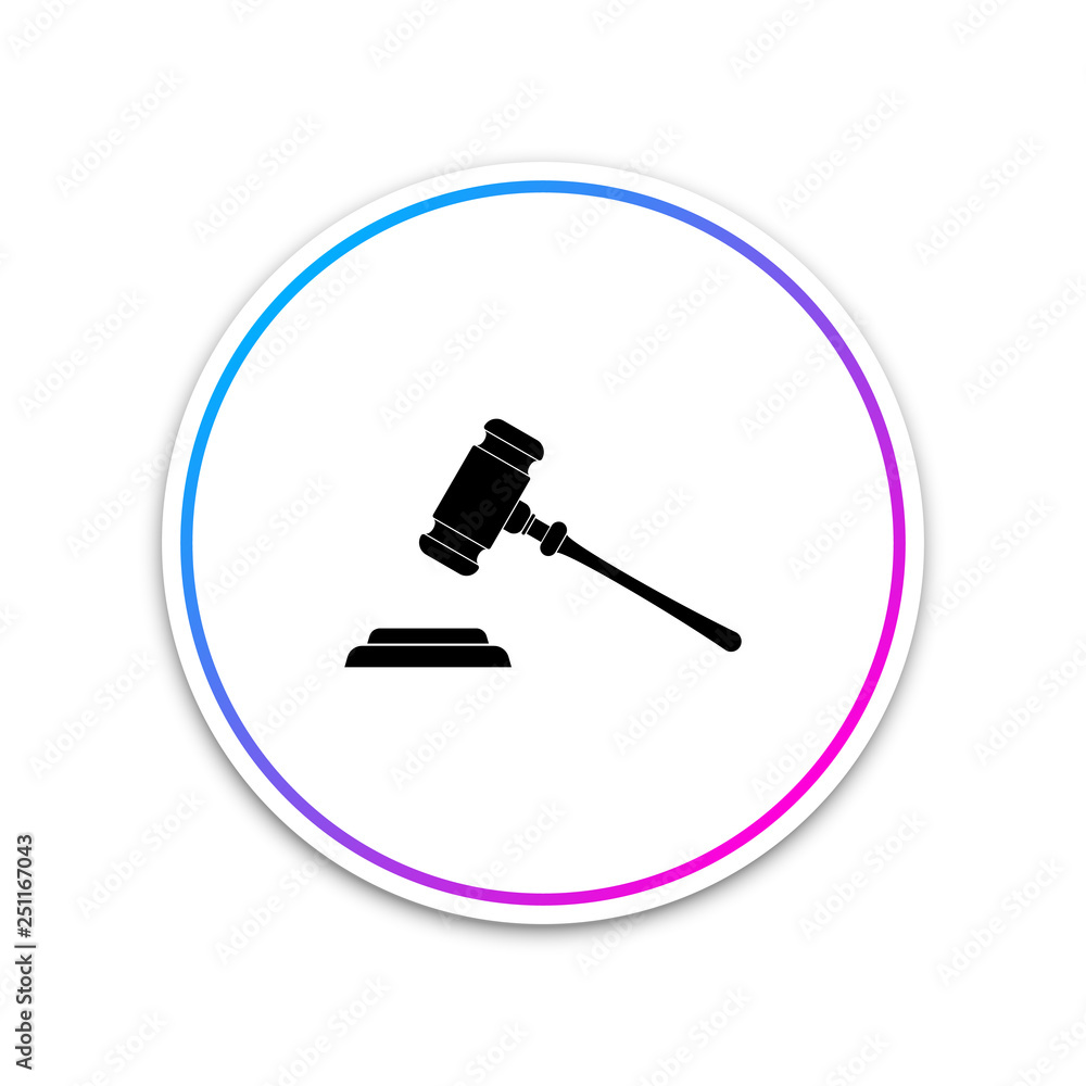 Judge gavel icon isolated on white background. Gavel for adjudication of sentences and bills, court, justice, with a stand. Auction hammer symbol. Circle white button. Vector Illustration Judge gavel icon isolated on white background. Gavel for adjudication of sentences and bills, court, justice, with a stand. Auction hammer symbol. Circle white button. Vector Illustration