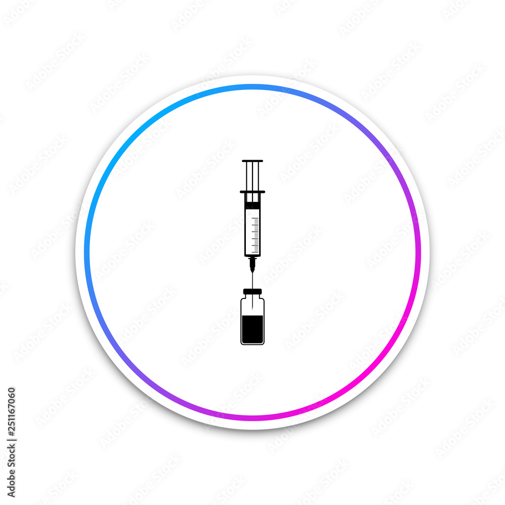 Medical syringe with needle and vial icon isolated on white background. Concept of vaccination, injection. Circle white button. Vector Illustration Medical syringe with needle and vial icon isolated on white background. Concept of vaccination, injection. Circle white button. Vector Illustration