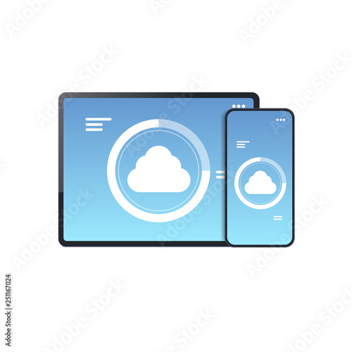 internet connection mobile application cloud synchronization tablet smartphone screen digital network technology concept white background
