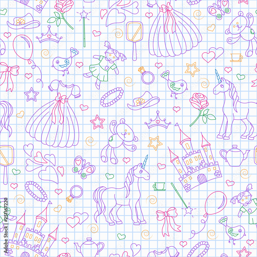 Seamless pattern on the theme of Hobbies baby girls, simple contour icons, contours are drawn with colored markers contour  icons on the clean writing-book sheet in a cage