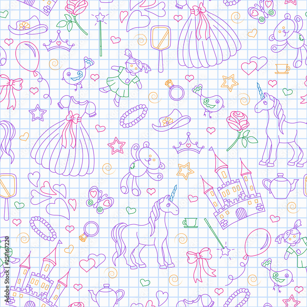 Fototapeta premium Seamless pattern on the theme of Hobbies baby girls, simple contour icons, contours are drawn with colored markers contour icons on the clean writing-book sheet in a cage
