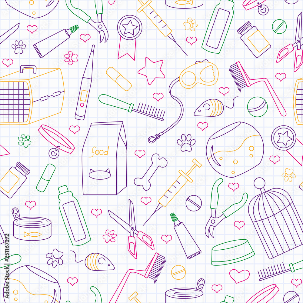 Seamless background on the topic of pet care, pet shop, simple contour icons, simple colored contour icons on the clean writing-book sheet in a cage Seamless background on the topic of pet care, pet shop, simple contour icons, simple colored contour icons on the clean writing-book sheet in a cage