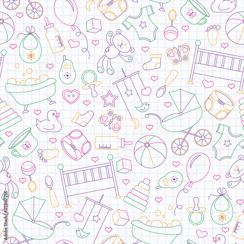 Seamless pattern on the theme of childhood and newborn babies, baby accessories and toys, simple contour icons, drawn with colored markers on the clean writing-book sheet in a cage