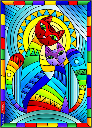 Illustration in stained glass style with a pair of abstract geometric rainbow cats on a blue background with sun in bright frame 