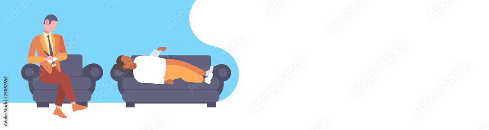 male doctor writing medical prescription for woman patient lying on couch at home healthcare medicine concept flat full length horizontal banner