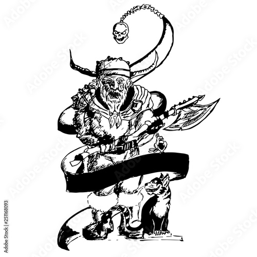 A dwarf with an axe. Vector illustration on the theme of war of the Viking horned helmet.