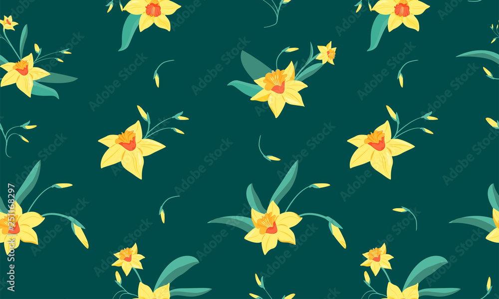 Seamless pattern of small narcissus flowers with green leaves. Spring flowers print. Vector illustration for textile, postcard, wrapping paper, poster, background, book, t-shirt. Seamless pattern of small narcissus flowers with green leaves. Spring flowers print. Vector illustration for textile, postcard, wrapping paper, poster, background, book, t-shirt.