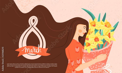 8 march, International Women's Day greeting card. Woman with long hair.  Beautiful girl holding a bouquet of yellow narcissus with green leaves in her hands. Vector illustration.