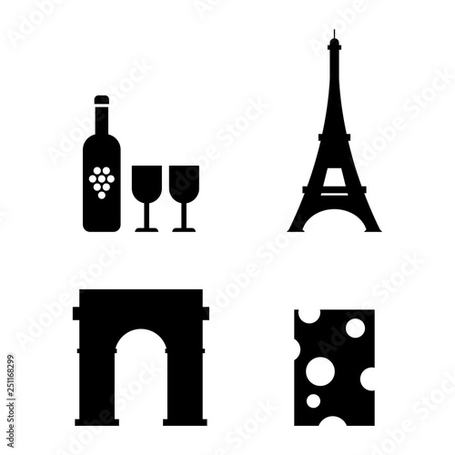 French Icons Set. Wine, Eiffel Tower, Triumphal Arch, Cheese. Vector illustration.