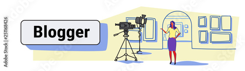 woman blogger recording video on camera female guide standing art gallery museum interior online excursion social media blog concept sketch flow style horizontal banner