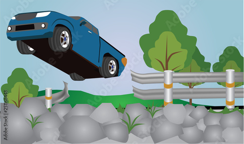 Pickup car jump from road barrier is ิbreak down. Passed out on the side of the road, down a rocky hill beside the road.