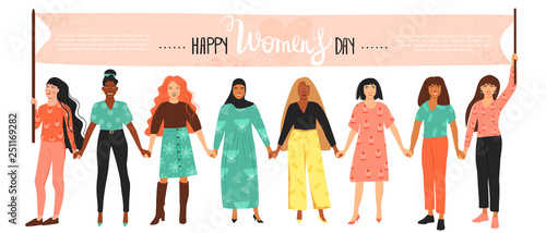 International Women's Day concept. Group of women different nationalities and cultures holding a flag with congratulations. Girls hold hands. Vector illustration with copy space.