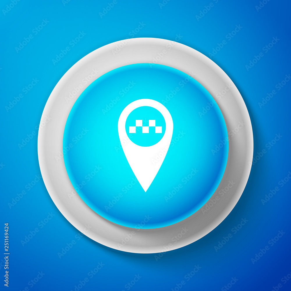 Map pointer with taxi icon isolated on blue background. Circle blue button. Vector Illustration Map pointer with taxi icon isolated on blue background. Circle blue button. Vector Illustration