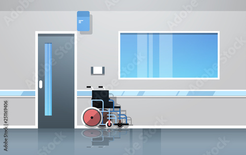 hospital corridor hall with wheelchair medical equipment empty no people clinic interior flat horizontal