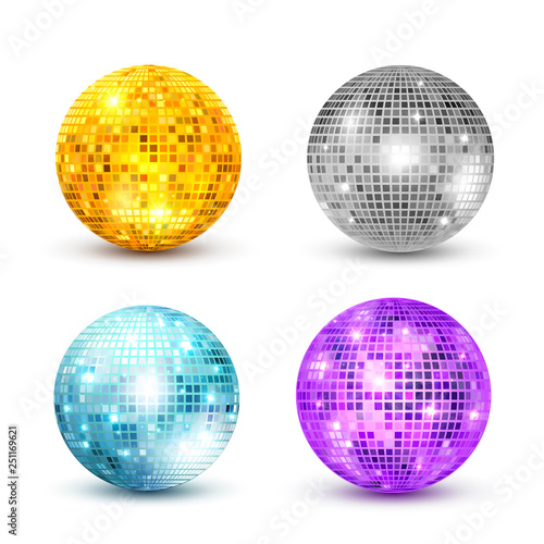 Disco ball isolated set illustration. Night Club party light element. Bright mirror golden ball design for disco dance club