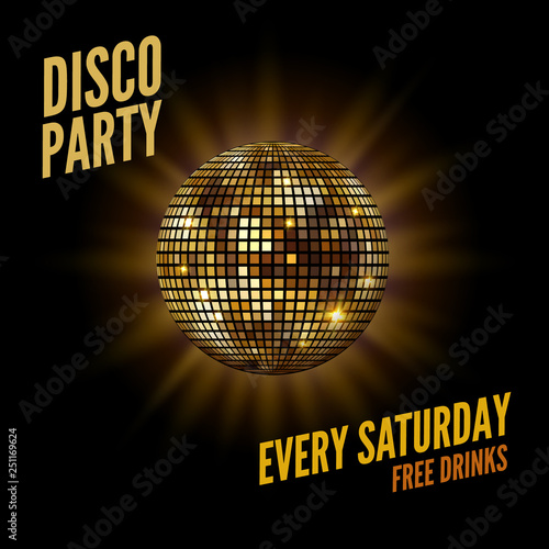 Disco dance party background flyer poster. Vector party template design. Light disco ball music