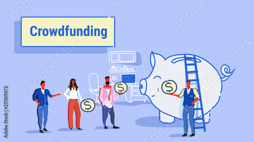 businesspeople group investment money investor crowdfunding concept business people investing dollar coins piggy bank crowd funding office interior sketch horizontal