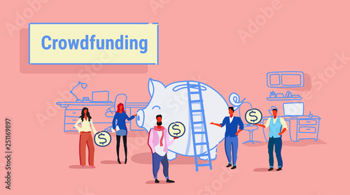 businesspeople group investment money investor crowdfunding concept business people investing dollar coins piggy bank crowd funding office interior sketch horizontal