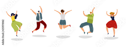 Jumping people. Energetic excited guy jump friends rejoice group teens crowd young happy students happiness flat concept