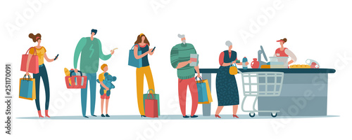 Shop queue. People customers standing in long line waiting at supermarket cash box with cashier. Shopper vector concept