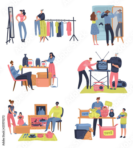 Flea market. People shopping selling second hand retro goods clothes swap meet bazaar. Fleas market vector concept