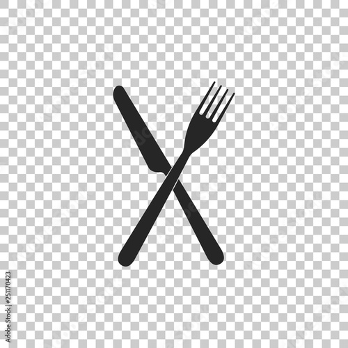 Crossed fork and knife icon isolated on transparent background. Restaurant icon. Flat design. Vector Illustration