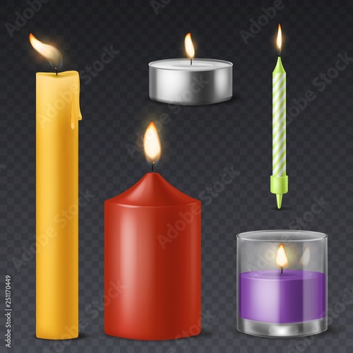Realistic candle. Candlelight romantic birthday holiday wax burning 3d candles warm fire dinner celebration symbol