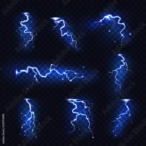 Realistic lightnings. Blitz lightning thunder light sparks storm flash thunderstorm. Power energy charge thunder shock photo