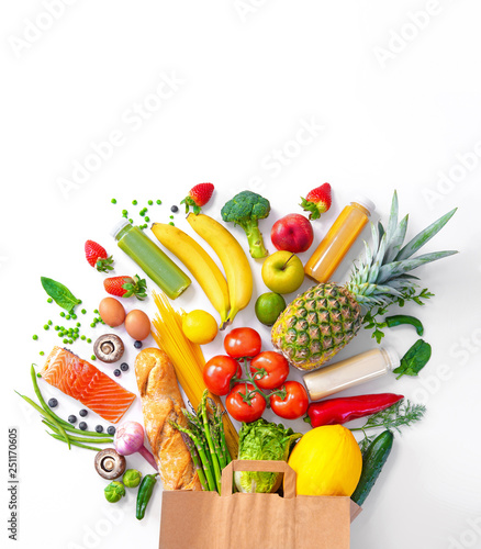 Shopping bag with groceries full of fresh vegetables and fruits