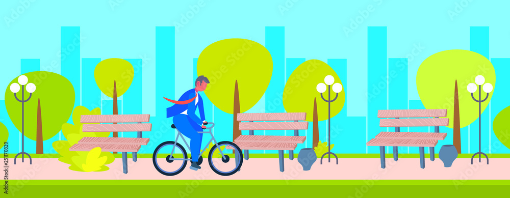 Obraz premium businessman wearing suit riding bicycle to work business man office worker cycling outdoor public urban park cityscape background flat horizontal full length vector illustration