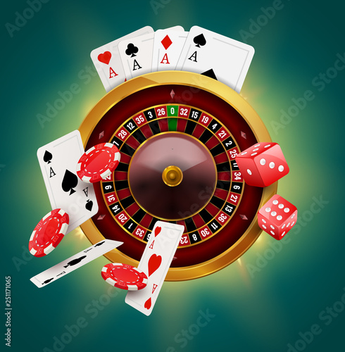 Casino roulette with chips, coins and red dice realistic gambling poster banner. Casino vegas fortune roulette wheel design flyer