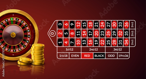 Casino roulette table illustration. Green gambling roulette table with numbers play cards coins and chips