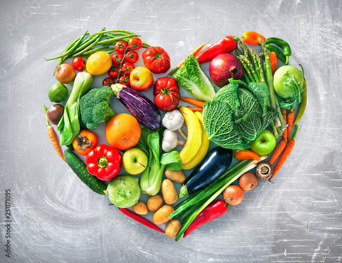 Heart shape by various vegetables and fruits