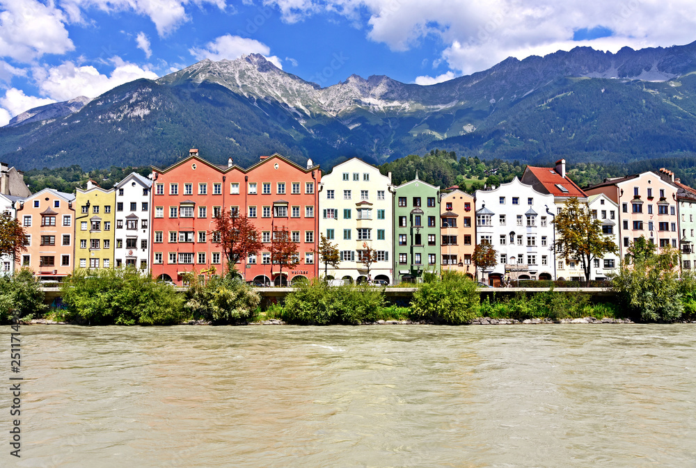 colourful of building along the Inn River in Innsbruck Austria
