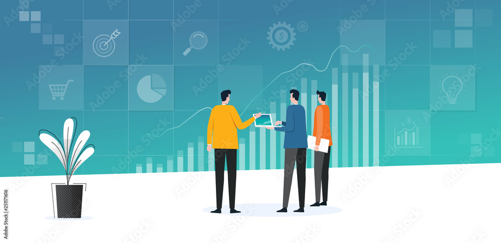 flat business team meeting working analytics and monitoring investment finance plan on report graph dashboard concept flat business team meeting working analytics and monitoring investment finance plan on report graph dashboard concept