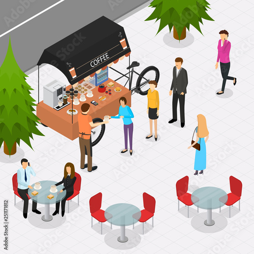 Fast Food Cart on The Street Isometric View. Vector