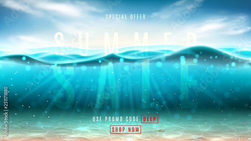 Summer sale promo web banner. Vector illustration with deep underwater ocean scene. Background with realistic clouds, sea horizon and marine bottom with seashells.