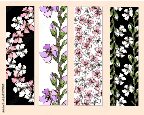 A set of floral bookmarks, flyers with pink and white flowers, layout, corporate identity and design. 