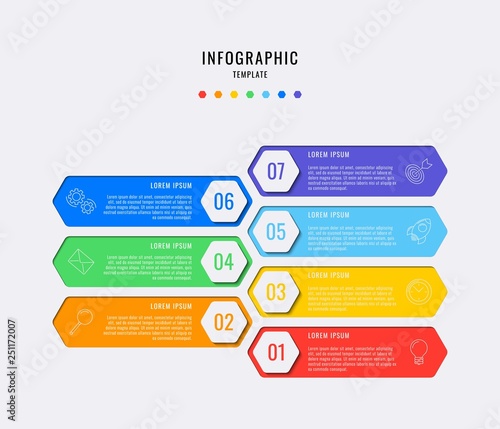 hexagonal infographic elements with seven steps, options, parts or processes with text boxes and marketing line icons. vector data visualization for workflow, diagram, annual report, web design. eps10