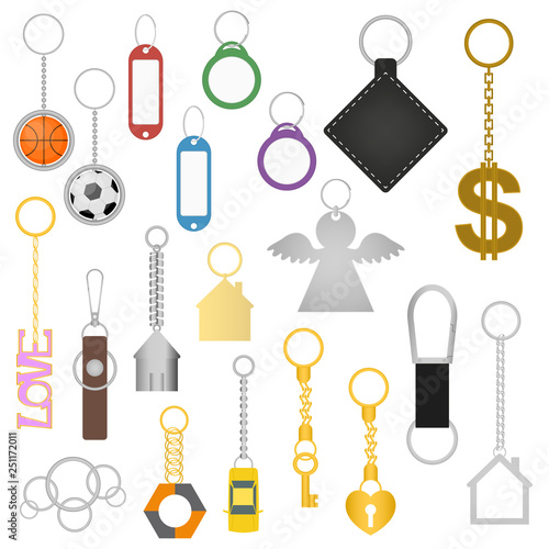 Cartoon Color Keychains Different Types Set. Vector