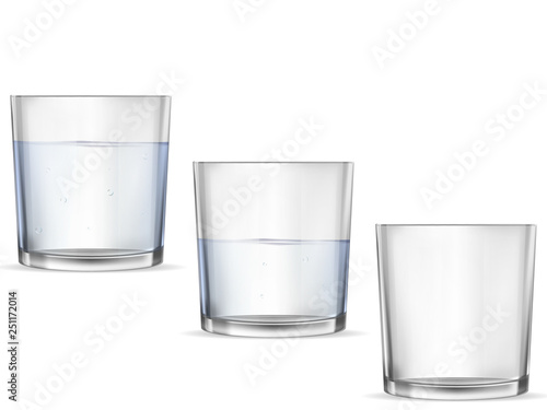 Realistic empty glass with water cup set.