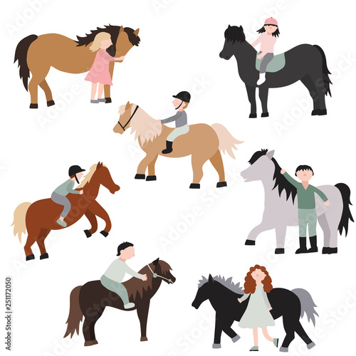 Cartoon Characters Kids Riding Ponies Set. Vector