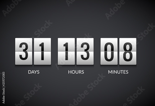 Clock counter countdown flip scoreboard vector timer. Count number display watch flat clock photo