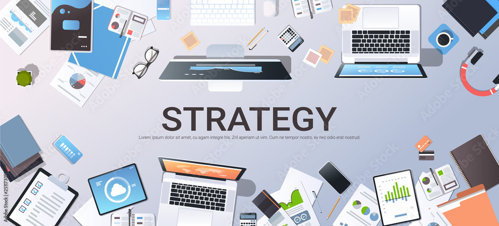 business strategy marketing plan concept top angle view desktop laptop smartphone tablet screen paper documents financial analysis report office stuff horizontal business strategy marketing plan concept top angle view desktop laptop smartphone tablet screen paper documents financial analysis report office stuff horizontal