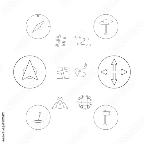 Thin line icons set. Gps geo location, navigation and transportation. Map pointer pin icons. EPS 10 Vector illustration